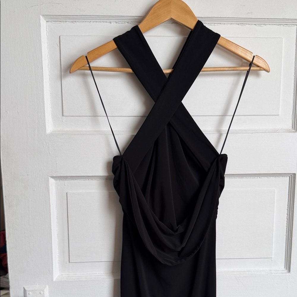 Zara Black Fitted Wrap Midi Dress Gold Neck Detail Criss-cross Back Slit NWT S - Picture 14 of 16